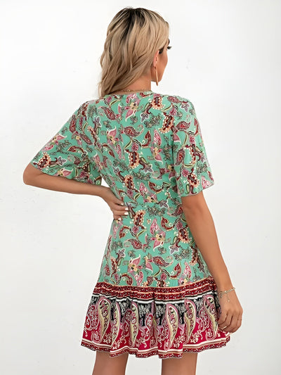 Delia | Stilfuld Paisley-Print Kjole med Bindebånd